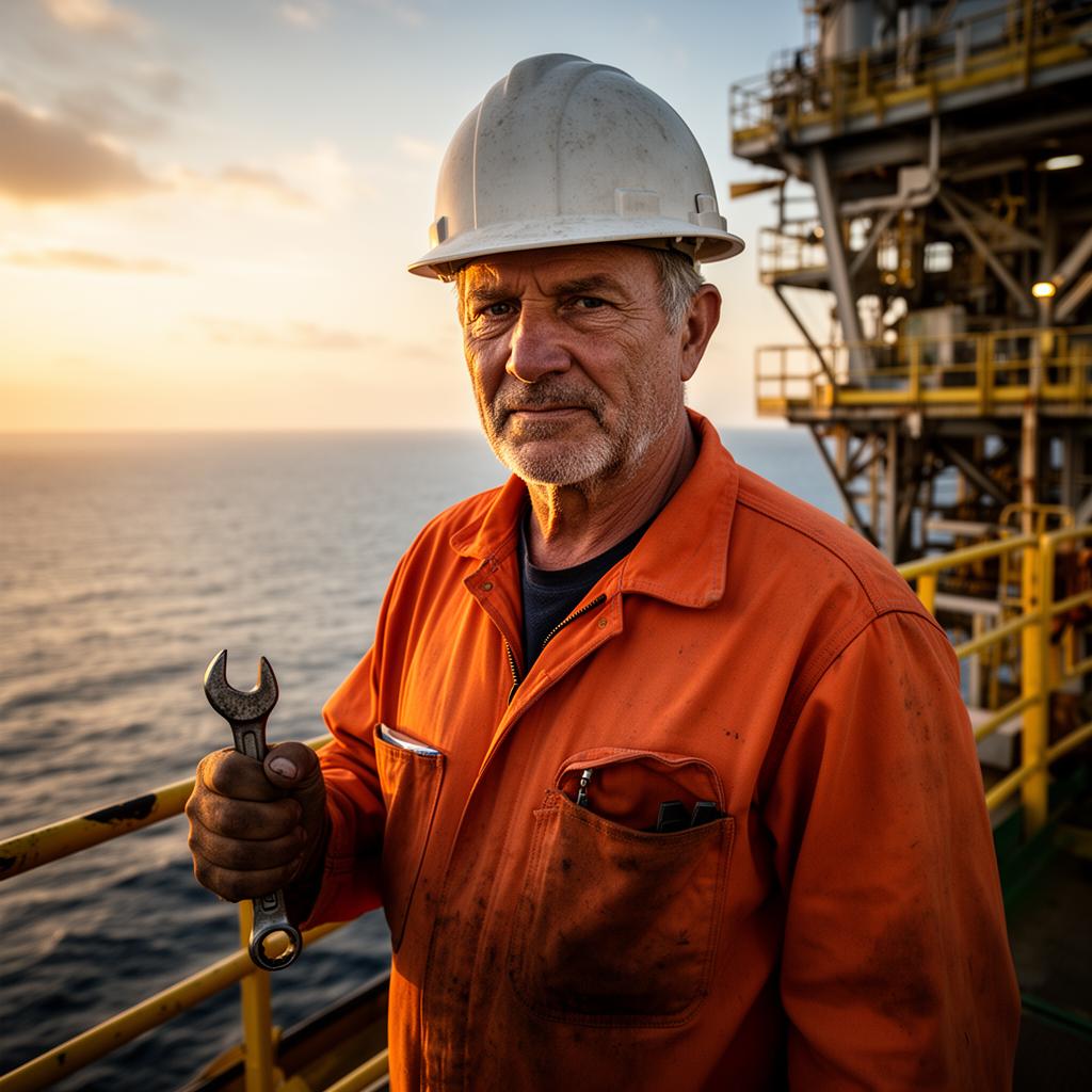 Oil rig worker at sunset